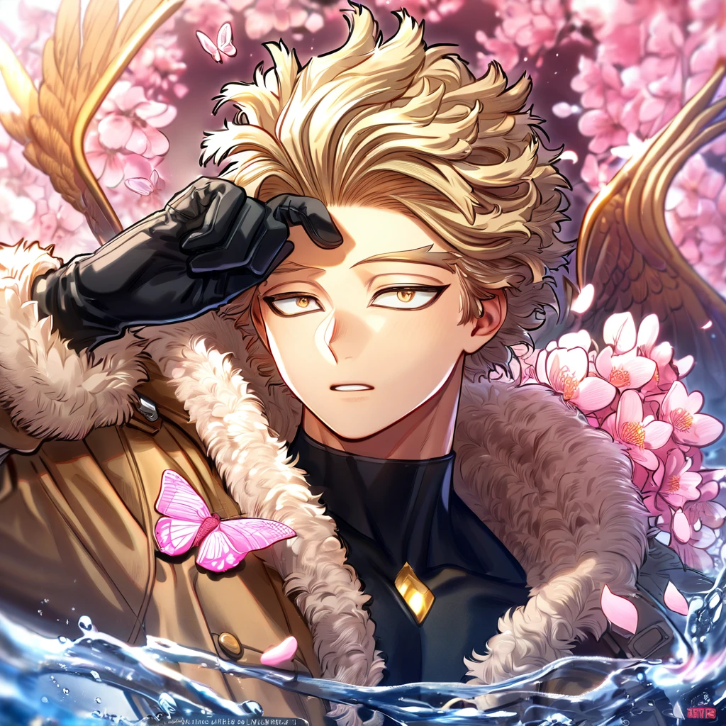 absurdres, highres, ultra detailed, HDR, master piece, best quality, Hawks, ash blond hair, expressive brown eyes, boku no hero academia, brown coat with fur, black tight shirt, black gloves, solo, sexy man, handsome, fantasy, shining, water, pink flowers, pink blossoms, pink butterflies, pink petals