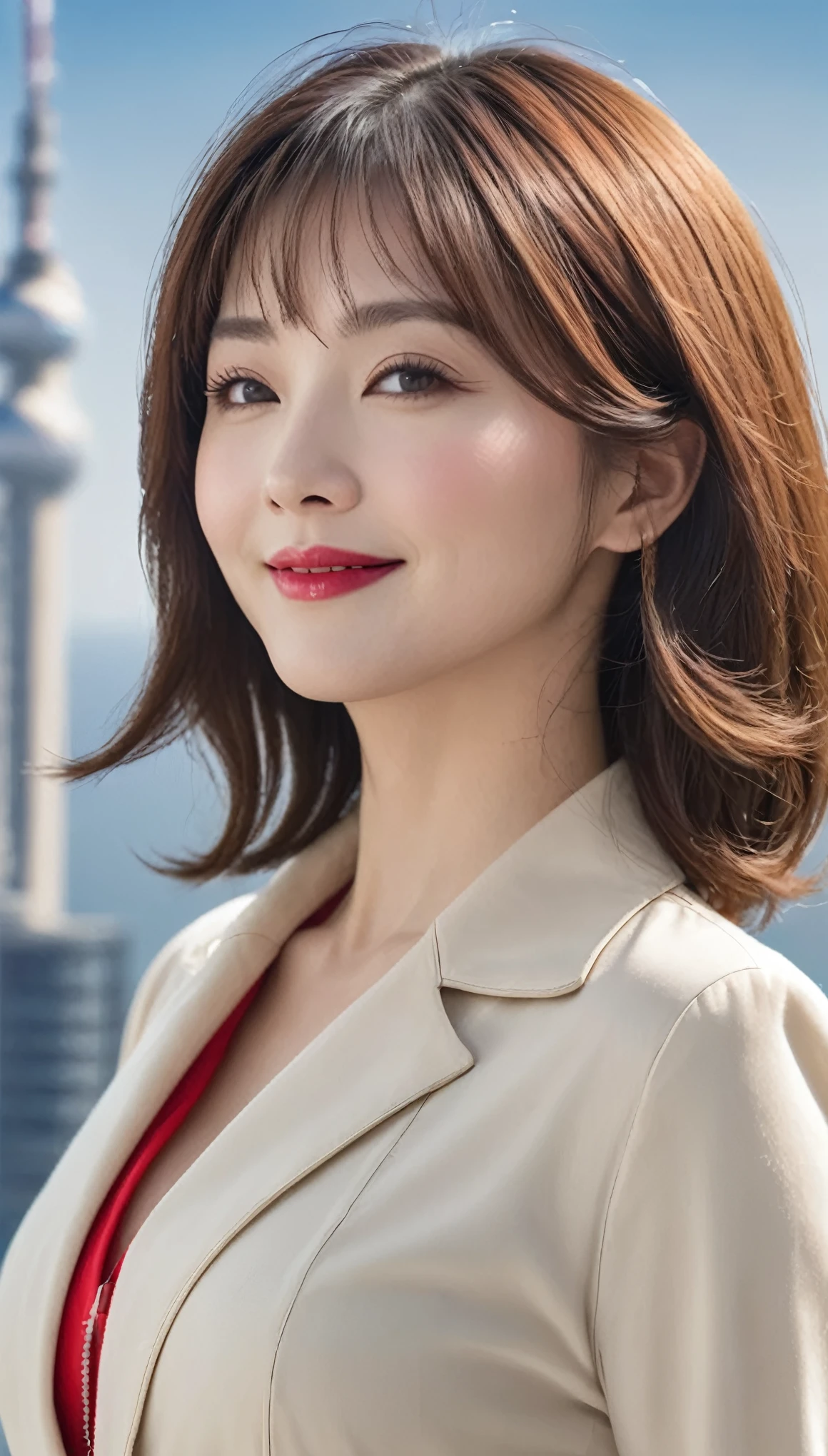 (Hyper Real)、Future female pilots、(((Big big boobs)))、(((Big big cleavage)))、(((Beautiful))) high resolution High resolution Realistic short hair Blonde Mature、Mature Woman、Middle-aged women、((Delicate skin texture))、超High resolution、Realistic、(((Chubby body type)))、Smiling face、Middle-aged beauty、Beautiful expression、Fluffy hair with fine golden iron、非常に繊細でDelicate skin texture、A 45-year-old MILF pilots a gigantic space station、Mature Pilot Batlight Red Lips、((Wear a red flight suit))、(((alone)))、