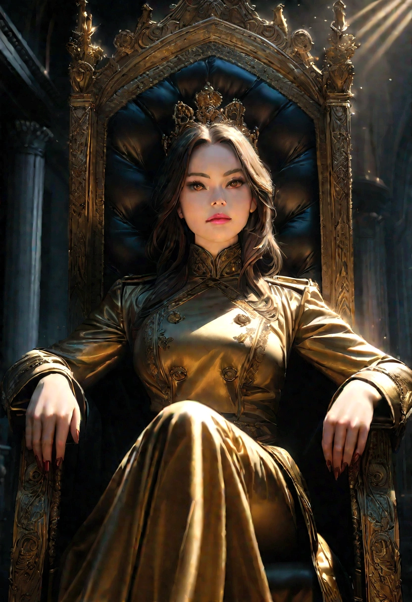 a beautiful and seductive woman with the face of the reference image, sitting on an ornate throne chair, wearing a black and gold military uniform, highly detailed, 8k, photorealistic, masterpiece, cinematic lighting, dramatic pose, chiaroscuro, intricate details, rich colors, elegant, regal, powerful
