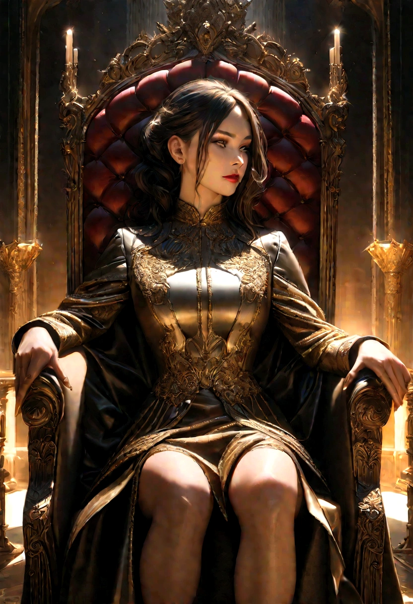 a beautiful and seductive woman with the face of the reference image, sitting on an ornate throne chair, wearing a black and gold military uniform, highly detailed, 8k, photorealistic, masterpiece, cinematic lighting, dramatic pose, chiaroscuro, intricate details, rich colors, elegant, regal, powerful