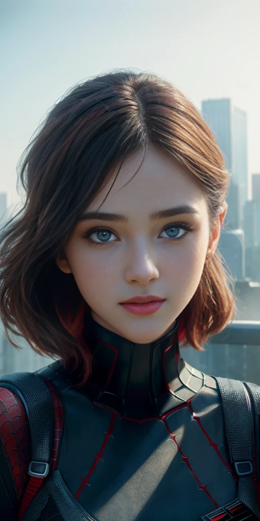 (1girl:1.3), Solo, (((Very detailed face)))), ((Very detailed eyes and face)))), Beautiful detail eyes, Body parts__, Official art, Unified 8k wallpaper, Super detailed, beautiful and beautiful, beautiful, masterpiece, best quality, original, masterpiece, super fine photo, best quality, super high resolution, realistic realism, sunlight, full body portrait, amazing beauty, dynamic pose, delicate face, vibrant eyes, (from the front), She wears Spider-Man suit, red and black color scheme, spider, very detailed city roof background, rooftop, overlooking the city, detailed face, detailed complex busy background, messy, gorgeous, milky white, highly detailed skin, realistic skin details, visible pores, clear focus, volumetric fog, 8k uhd, DSLR, high quality, film grain, fair skin, photo realism, lomography, futuristic dystopian megalopolis, translucent