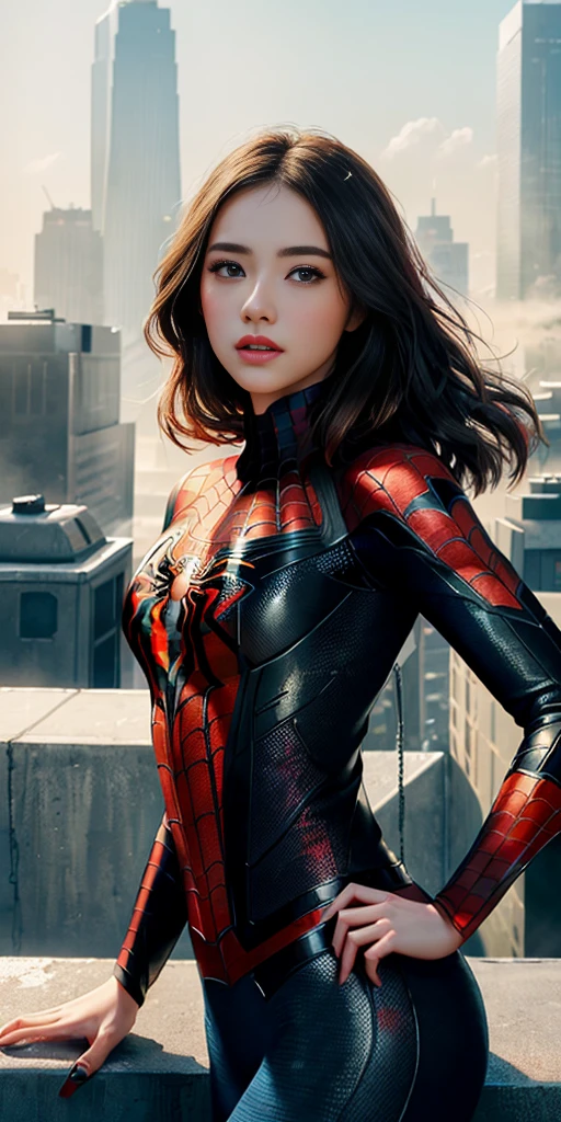 (1girl:1.3), Solo, (((Very detailed face)))), ((Very detailed eyes and face)))), Beautiful detail eyes, Body parts__, Official art, Unified 8k wallpaper, Super detailed, beautiful and beautiful, beautiful, masterpiece, best quality, original, masterpiece, super fine photo, best quality, super high resolution, realistic realism, sunlight, full body portrait, amazing beauty, dynamic pose, delicate face, vibrant eyes, (from the front), She wears Spider-Man suit, red and black color scheme, spider, very detailed city roof background, rooftop, overlooking the city, detailed face, detailed complex busy background, messy, gorgeous, milky white, highly detailed skin, realistic skin details, visible pores, clear focus, volumetric fog, 8k uhd, DSLR, high quality, film grain, fair skin, photo realism, lomography, futuristic dystopian megalopolis, translucent