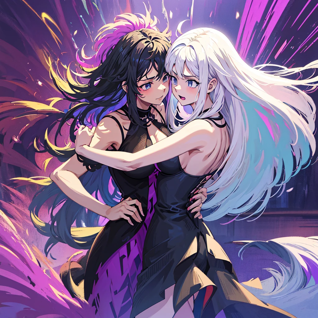  Anime two women a beautiful woman with long slightly wavy white hair bright blue eyes wearing a sexy black dress with black heels dancing with a beautiful woman with long dark purple hair with bright purple eyes wearing a sexy black dress and black heels dancing in a club night