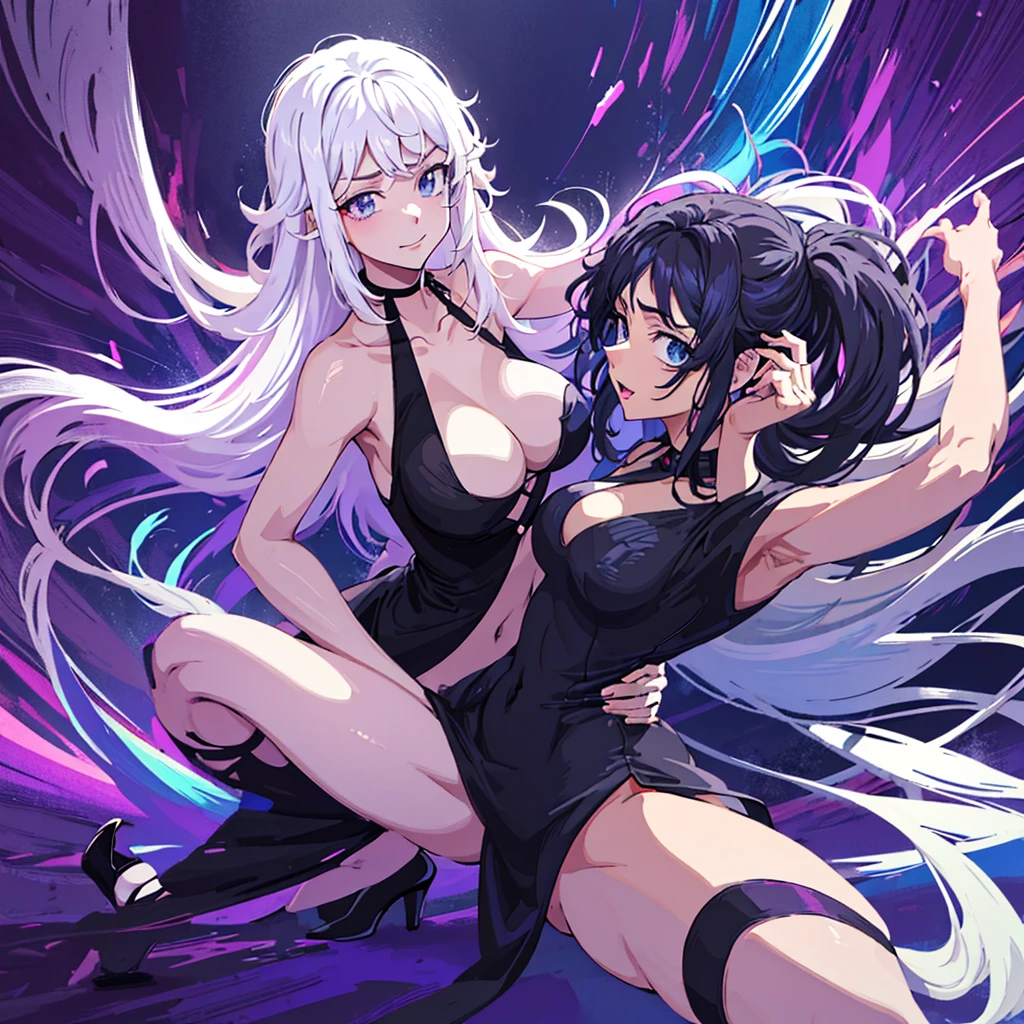 Anime two women a beautiful woman with long slightly wavy white hair bright blue eyes wearing a sexy black dress with black heels dancing with a beautiful woman with long dark purple hair with bright purple eyes wearing a sexy black dress and black heels dancing in a club night
