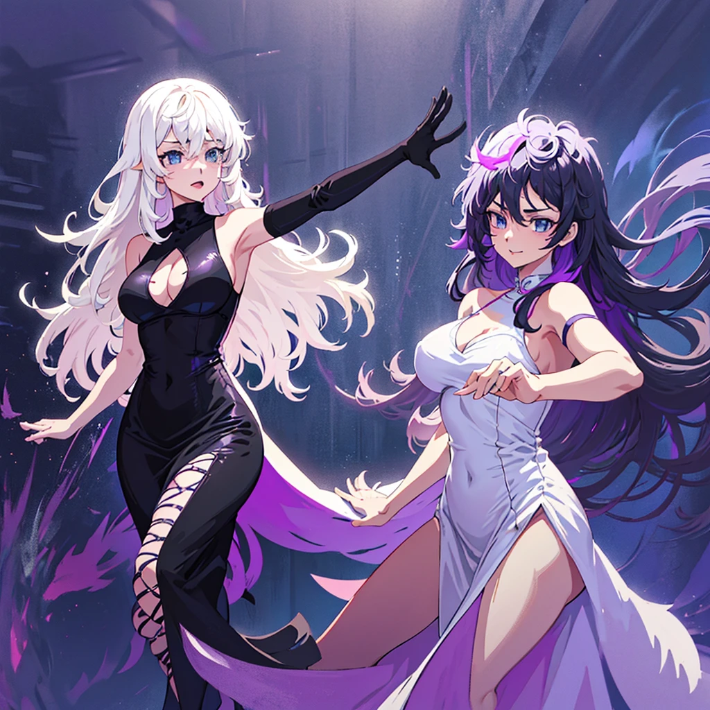 Anime two women a beautiful woman with long slightly wavy white hair bright blue eyes wearing a sexy black dress with black heels dancing with a beautiful woman with long dark purple hair with bright purple eyes wearing a sexy black dress and black heels dancing in a club night