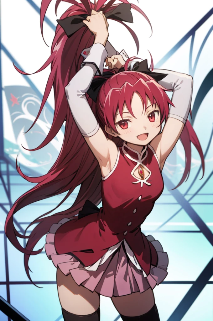 1girl, solo, masterpiece, best quality,
        detached sleeves, mahou shoujo madoka magica, sakura kyouko, kyouko sakura, red eyes, tsurime, red hair, long hair, ponytail, hair bow, black bow, magical girl, dress, red dress, cleavage cutout, sleeveless, sleeveless dress, soul gem, white sleeves, wrist cuffs, small breasts, skirt, pink skirt, pleated skirt, miniskirt, thighhighs, black thighhighs,
        cowboy shot, contrapposto, looking at viewer, arms up, armpits,
        blush, smile, :d, open mouth,
       