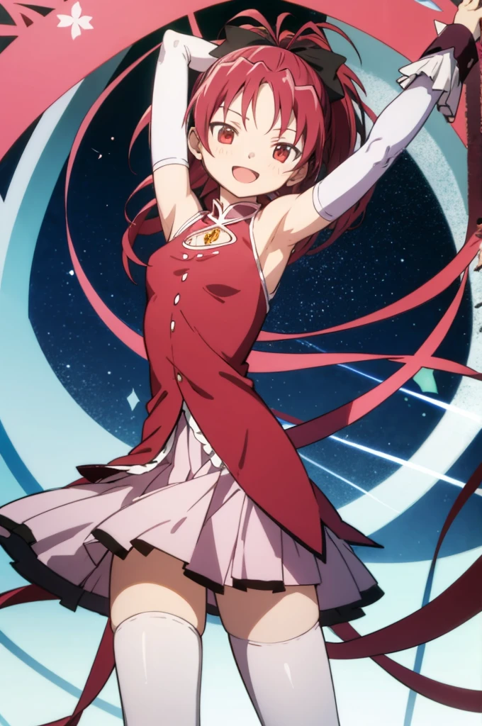 1girl, solo, masterpiece, best quality,
        detached sleeves, mahou shoujo madoka magica, sakura kyouko, kyouko sakura, red eyes, tsurime, red hair, long hair, ponytail, hair bow, black bow, magical girl, dress, red dress, cleavage cutout, sleeveless, sleeveless dress, soul gem, white sleeves, wrist cuffs, small breasts, skirt, pink skirt, pleated skirt, miniskirt, thighhighs, black thighhighs,
        cowboy shot, contrapposto, looking at viewer, arms up, armpits,
        blush, smile, :d, open mouth,
       