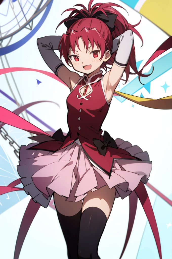 1girl, solo, masterpiece, best quality,
        detached sleeves, mahou shoujo madoka magica, sakura kyouko, kyouko sakura, red eyes, tsurime, red hair, long hair, ponytail, hair bow, black bow, magical girl, dress, red dress, cleavage cutout, sleeveless, sleeveless dress, soul gem, white sleeves, wrist cuffs, small breasts, skirt, pink skirt, pleated skirt, miniskirt, thighhighs, black thighhighs,
        cowboy shot, contrapposto, looking at viewer, arms up, armpits,
        blush, smile, :d, open mouth,
       