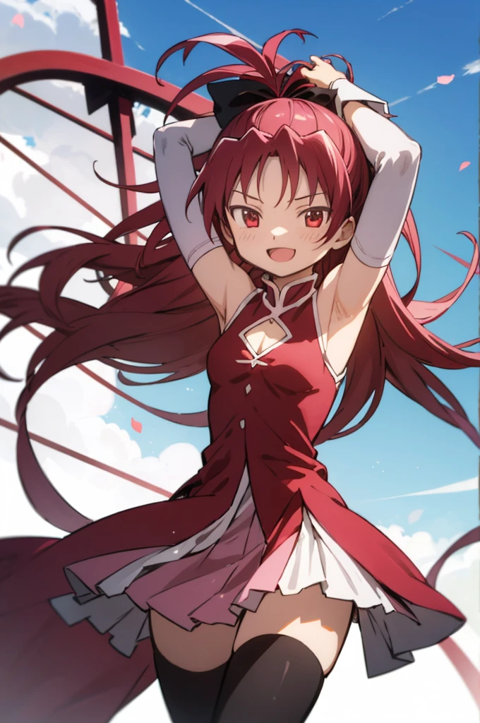 1girl, solo, masterpiece, best quality,
        detached sleeves, mahou shoujo madoka magica, sakura kyouko, kyouko sakura, red eyes, tsurime, red hair, long hair, ponytail, hair bow, black bow, magical girl, dress, red dress, cleavage cutout, sleeveless, sleeveless dress, soul gem, white sleeves, wrist cuffs, small breasts, skirt, pink skirt, pleated skirt, miniskirt, thighhighs, black thighhighs,
        cowboy shot, contrapposto, looking at viewer, arms up, armpits,
        blush, smile, :d, open mouth,
       