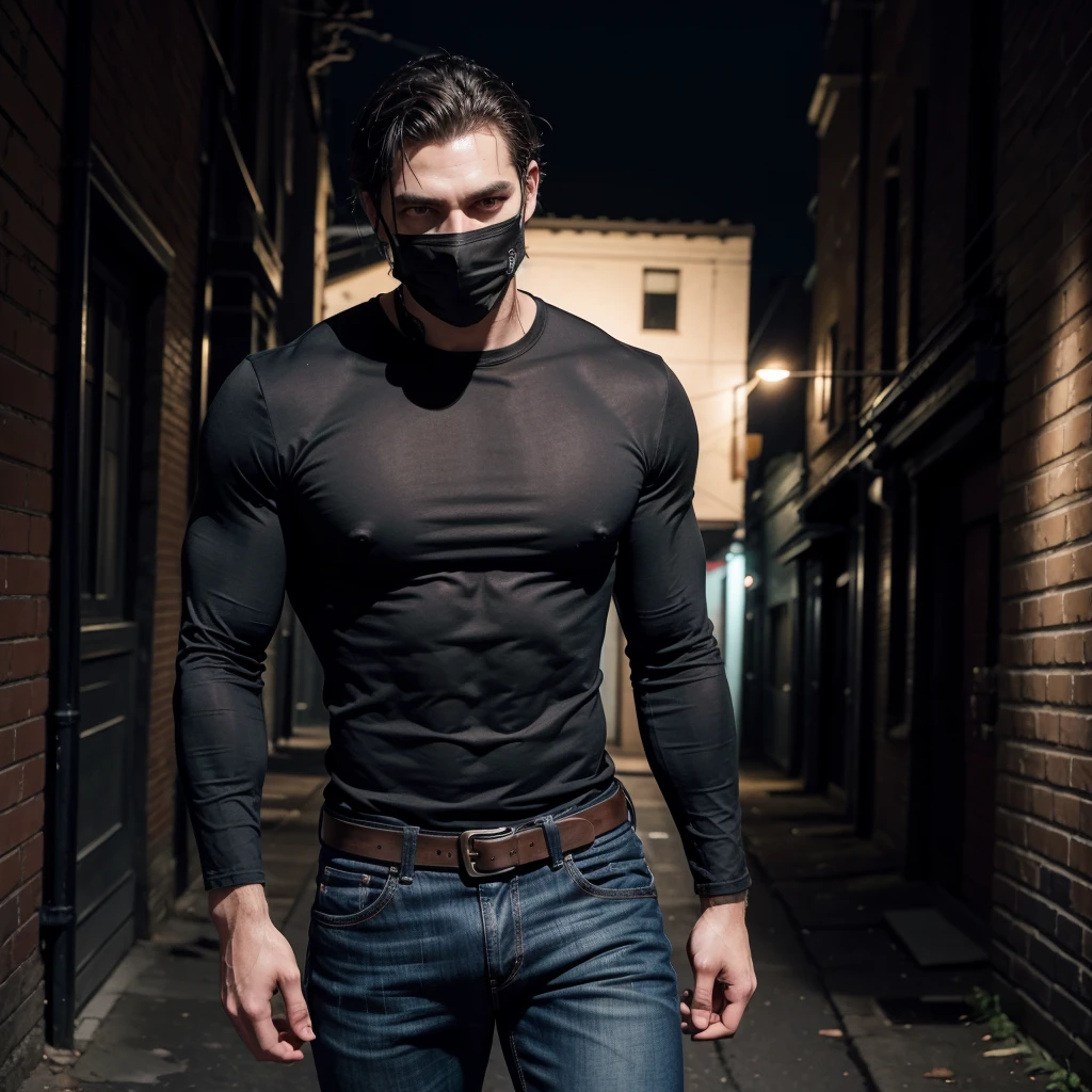 Tall man with dark mask, muscular man with a black blouse and jeans in an alley with a gun at night