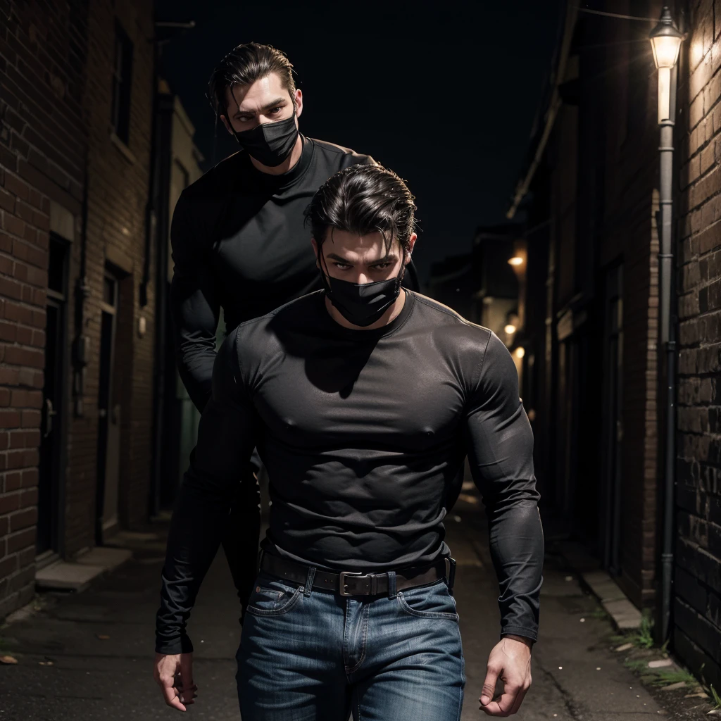 Tall man with dark mask, muscular man with a black blouse and jeans in an alley with a gun at night