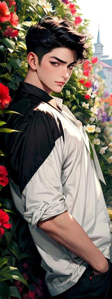 (masterpiece best qualtiy)( AI art)(high qualtiy)1 boy , handsome, charming, fresh,(detail face), ignore face, thick neck , pointed chin, black hair, short hair, tall, stronger, Sharp eyes, Badass, no tattoos, potrait, looking at view, smirk face, standing , garden flower background