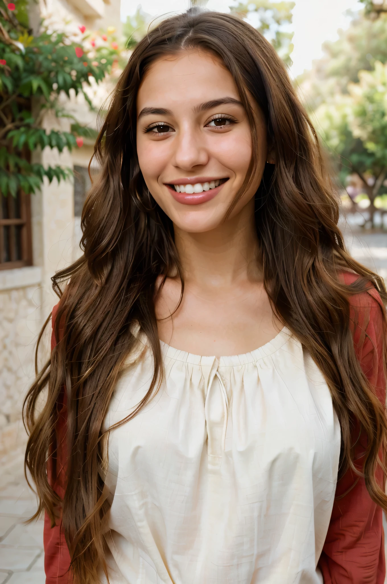 a photo-realistic portrait of a beautiful Palestinian woman with long brown hair, light red shirt, white teeth, and a cute smile, with highly detailed and realistic facial features, modest expression, and realistic white skin tone