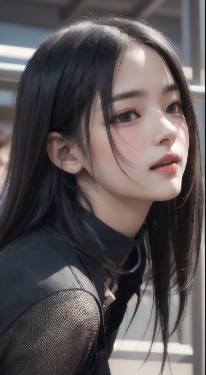 Realistic, Tabletop, highest quality, RAW Photos, One girl, alone, Handsome Long Hair, Detailed face, laughing face, her mouth is wide opened Black collared shirt, Medium breast, Dynamic pose, Watching the audience, From below, Detailed Background, Detailed, Intricate details, Ray Tracing, Depth of written boundary, Low Key, nffsw
