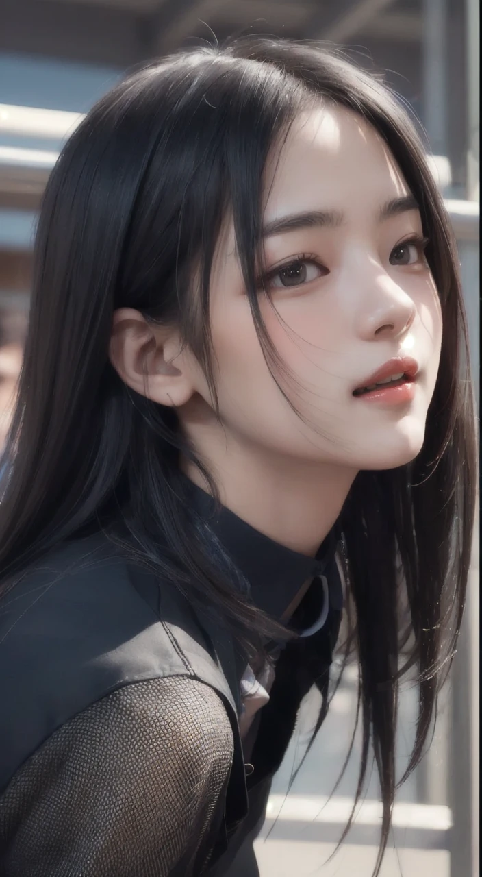 Realistic, Tabletop, highest quality, RAW Photos, One girl, alone, Handsome Long Hair, Detailed face, laughing face, her mouth is wide opened Black collared shirt, Medium breast, Dynamic pose, Watching the audience, From below, Detailed Background, Detailed, Intricate details, Ray Tracing, Depth of written boundary, Low Key, nffsw
