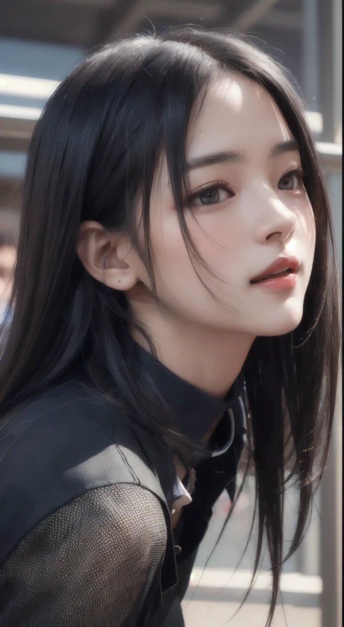 Realistic, Tabletop, highest quality, RAW Photos, One girl, alone, Handsome Long Hair, Detailed face, laughing face, her mouth is wide opened Black collared shirt, Medium breast, Dynamic pose, Watching the audience, From below, Detailed Background, Detailed, Intricate details, Ray Tracing, Depth of written boundary, Low Key, nffsw