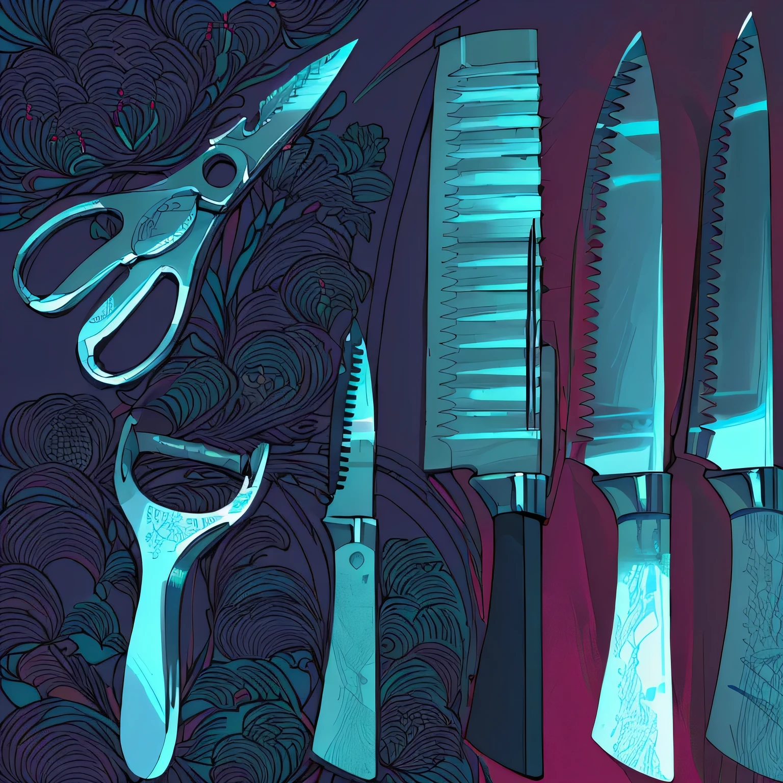 a close up of a group of knives and a pair of scissoring, knives, placed against a white background, Spitz and clear, smooth and Spitz, crisp and Spitz, holding magical kitchen knives, Spitz and smooth, cutlery, curved blades on each hand, blades, Kitchen utensils, metal, Easy, cannibal, Spitz details, Spitz, scissoring, Spitz!, to share