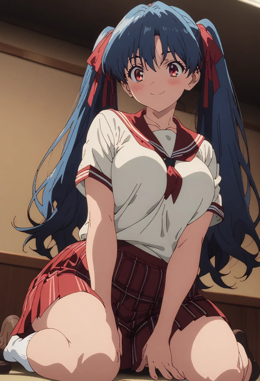 cel-shaded, 1990s anime, detailed, high quality, atmospheric, masterpiece, best quality, very aesthetic, absurdres, anime screencap, miku. 1girl, solo, (red eyes:1.5), detailed eyes, blue hair, twintails, long twintails, hair ribbons, (red miniskirt:1.5), plaid miniskirt, (white shirt:1.5), (school uniform:1.5), panties, indoors, curvy body, big breasts, blush, smile, sexy, collarbone, cowboy shot, (wariza:1.5), from below