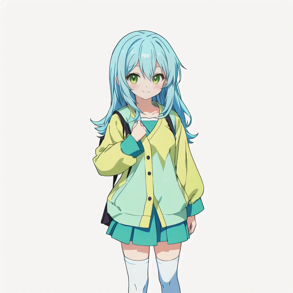 Highest quality, high resolution, High quality anime art style, Official Art, Smooth anime CG art, Stylized anime, Cute 3D anime girl render, Visual Novel Sprites, White background, whole body, Anime-style 3D, Smooth anime CG art, humanoid woman, JRPG Characters, Anime girl wearing a yellow-green shirt and a flared skirt and carrying a bag, Knee-high socks, Anime girl with light blue hair, smile, Thin legs. long hair, Small Bust, Small breasts, 12 years old