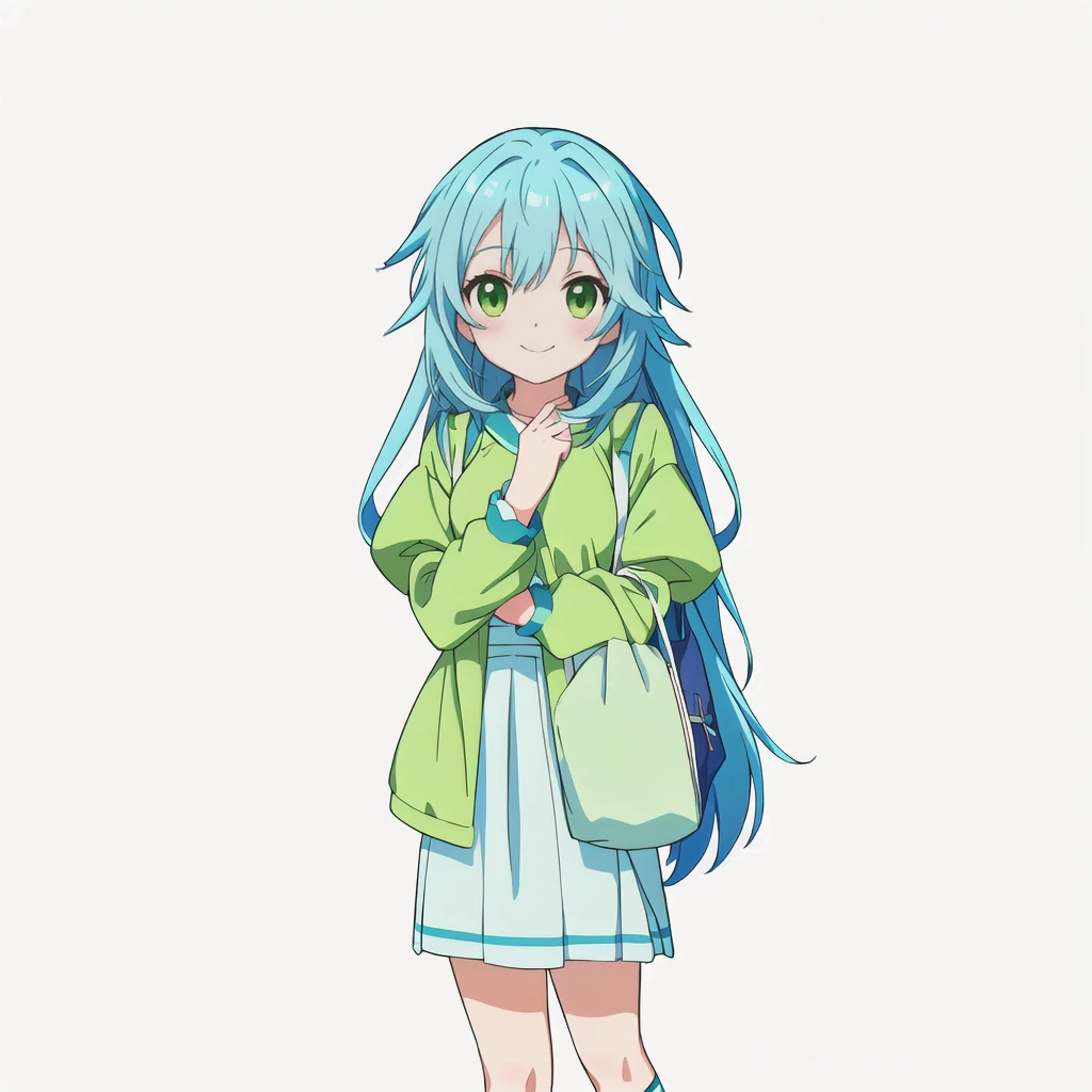 Highest quality, high resolution, High quality anime art style, Official Art, Smooth anime CG art, Stylized anime, Cute 3D anime girl render, Visual Novel Sprites, White background, whole body, Anime-style 3D, Smooth anime CG art, humanoid woman, JRPG Characters, Anime girl wearing a yellow-green shirt and a flared skirt and carrying a bag, Knee-high socks, Anime girl with light blue hair, smile, Thin legs. long hair, Small Bust, Small breasts, 12 years old