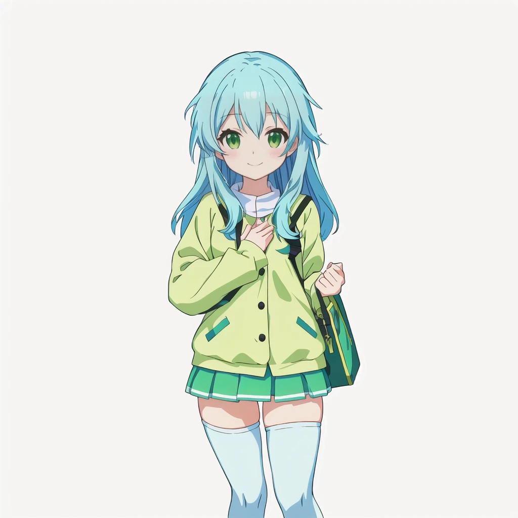 Highest quality, high resolution, High quality anime art style, Official Art, Smooth anime CG art, Stylized anime, Cute 3D anime girl render, Visual Novel Sprites, White background, whole body, Anime-style 3D, Smooth anime CG art, humanoid woman, JRPG Characters, Anime girl wearing a yellow-green shirt and a flared skirt and carrying a bag, Knee-high socks, Anime girl with light blue hair, smile, Thin legs. long hair, Small Bust, Small breasts, 