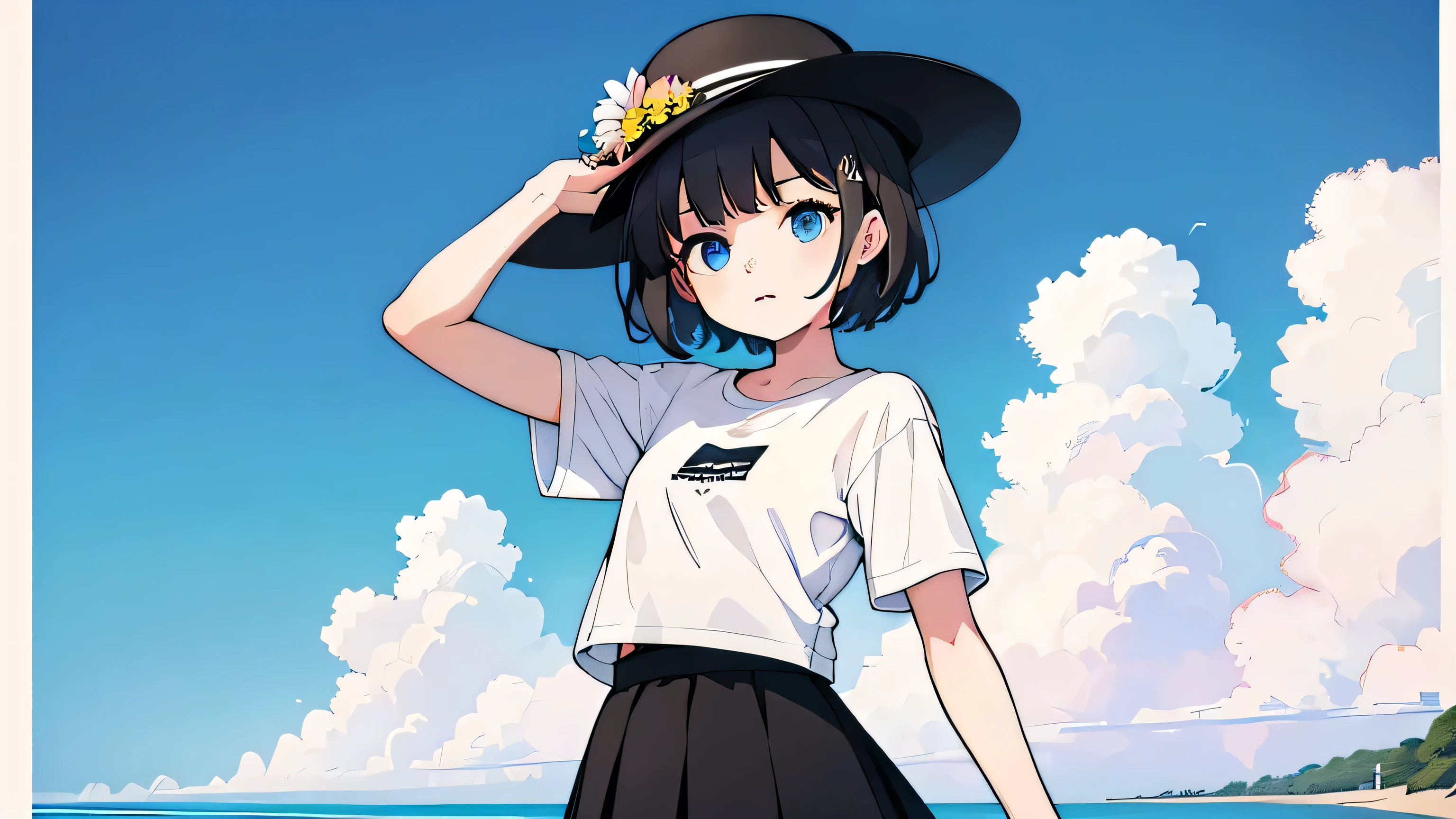 1girl, solo, blue eyes, (detailed eyes), flat chest, short hair, black hair, ((white t-shirt)), simple t-shirt, black skirt, black socks, standing, upper body, ((masterpiece, illustration, best quality)) she is on a beach, wearing a beach hat with flowers (light sky background), clear blue eyes