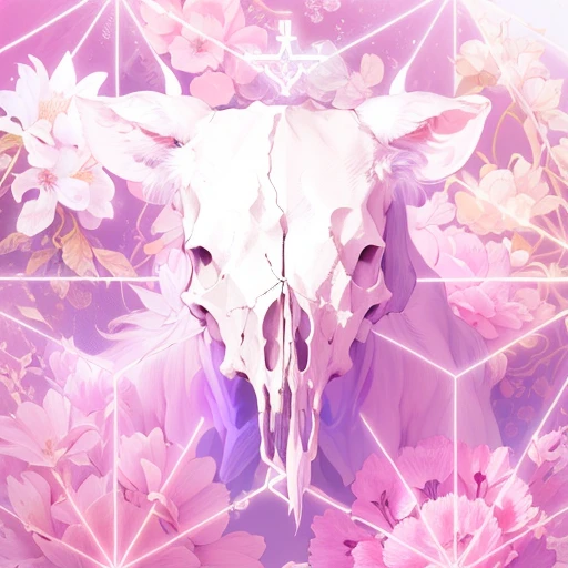 there is a cow skull with a flowered pattern on it, jen bartel, cow skull, beautiful flowers and crystals, the platonic ideal of flowers, beautiful aesthetic, occult aesthetic, dreamcore aesthetic, beeple and alphonse mucha, wallpaper aesthetic, vaporwave artwork composition, animal skull, badass composition, stylized digital illustration, sacred skull, sacred feminine