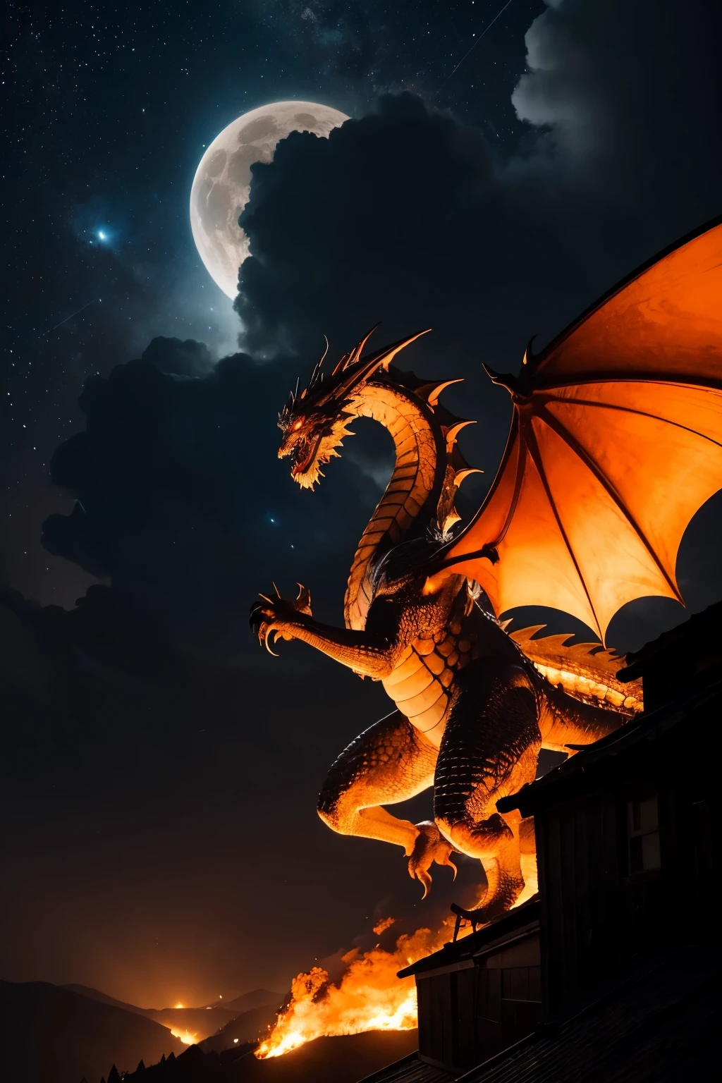 ((best qualityer)), ((work of art)), (detailded)In the center of the burning village, a colossal dragon rises majestically against the night sky. Its scaly body reflects the intense flames that dance around it., casting an ominous light on the burning buildings around you. The dragon's scales are a deep, iridescent blue., glowing with a light of his own as he releases his breath of blue fire.
The dragon is in an imposing posture, its wings extended widely to capture warm air currents. A tail, long and flexible, swings with a graceful motion as he focuses his destructive power on the village below. Your eyes shine brightly with an incandescent light, reflecting the intensity of the blue fire that forms in your throat.
around him, the village buildings are on fire, shooting orange and red flames into the night sky. The wooden houses burn furiously, releasing dark smoke that mixes with the bluish tones of the dragon's fire. Debris and debris litter the ground, silent witnesses to the devastation taking place.
In village, small, indistinct figures run desperately, trying to escape the hell that unfolds around you. The flickering lights of torches and lanterns try to fight the darkness of the night, contrasting with the unearthly glow of the dragon's blue fire.
No horizonte distante, the dark, silent mountains silently watch the unfolding tragedy, as stars shine coldly upon the chaotic scene below.