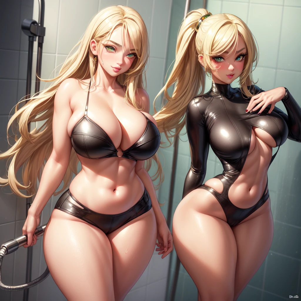 ((1 girls), solo, round breasts, trendy, stylish, curvy hips, thighs, realistic, blonde hair, light green eyes, lip gloss, detailed face, amazing big eyes, eye details, big lips, eyebrow details, bikini, blush, confident, dominant, bdsm, smirk, naughty, mischevious face, HD, good quality, curvy, standing up, thick thighs, attractive, amazing body, perfect body, slim thick, in the shower, bathroom shower water, facing forward