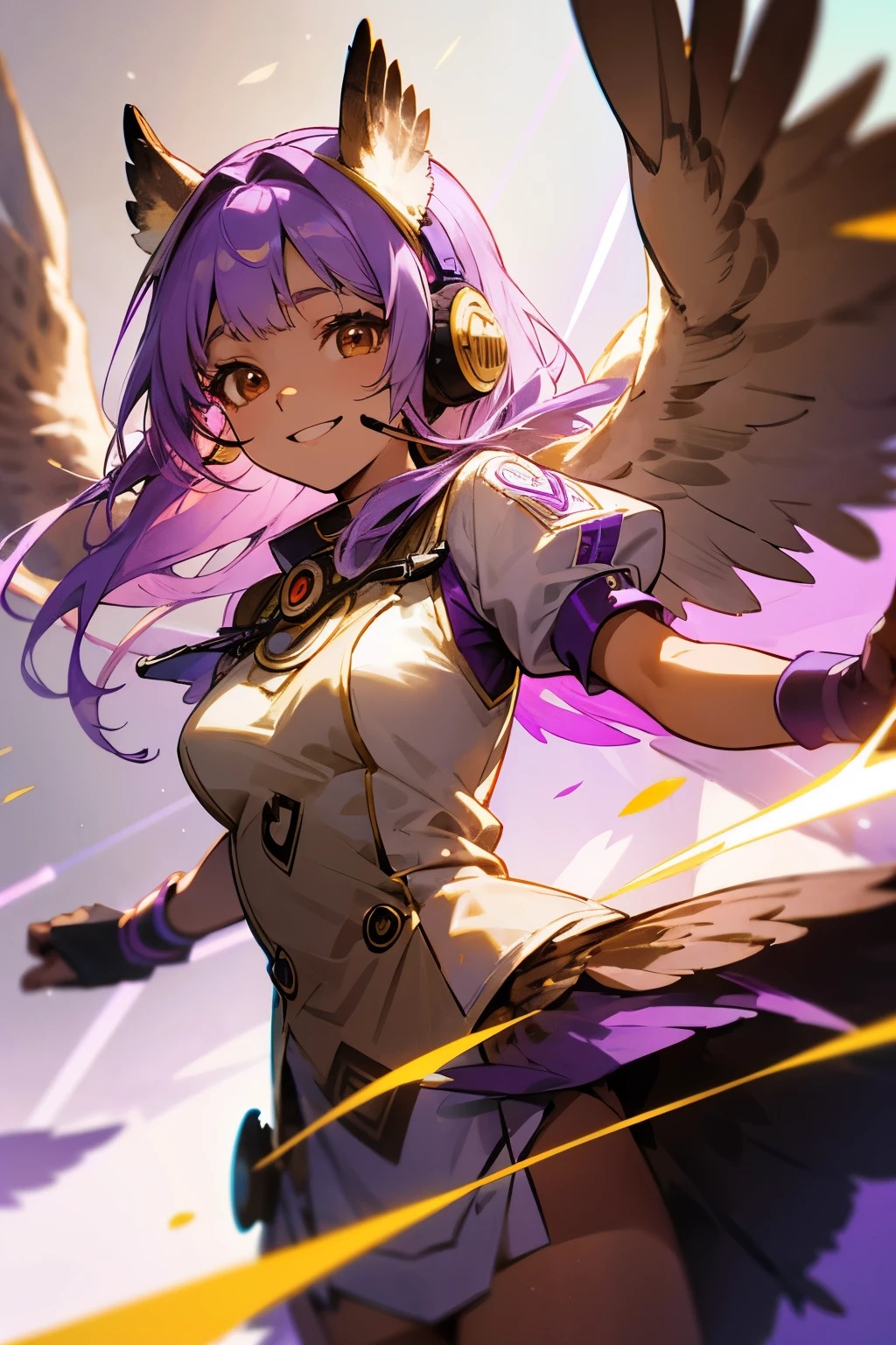 bird woman, long light purple hair, light brown skin, brown eyes, (owl ears), owl wings, gradient feathers, (headset mic), cohesive colors, purple and white and brown outfit, gold details, smiling, on stage