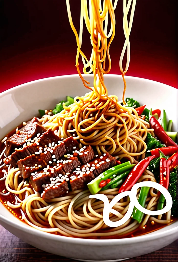 a delicious bowl of spicy szechuan noodles, steaming hot, with chewy noodles, tender meat, crunchy vegetables, intense chili oil,dynamic composition, vibrant colors, dramatic lighting, photorealistic, highly detailed, studio lighting, 8k, best quality