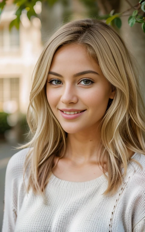 beautiful white blonde woman, European woman with beautiful smile wearing pink sweater. very detailled, 21 years old, inoccent face, natural wavy hair, olhos verdes de tamanho realisitic, expressive, with a slight shine that conveys intelligence and curiosity. Small and delicate nose. full and well-defined lips, beautiful and white teeth. Show that you take care of your body, go to the gym and be healthy, but nothing exaggerated. Athletic figure, but feminine, with balanced proportions, medium ass and breasts. high resolution, work of art, best qualityer, details Intricate, highy detailed, sharp focus, skin detailed, realisitic skin texture, texture, detailedeyes, proffesional, 4K, charming smile, filmed in canon, 85 mm, Shallow depth of field, kodak vision color, perfect shape body, extremely detaild, photoshot_\(ultra\), photorealisitic, realisitic, Post-processing, maximum detail, roughness, real-life, ultra realisitic, photoshotrrealismo, photoshotgrafia, 8k hd, photoshotgrafia