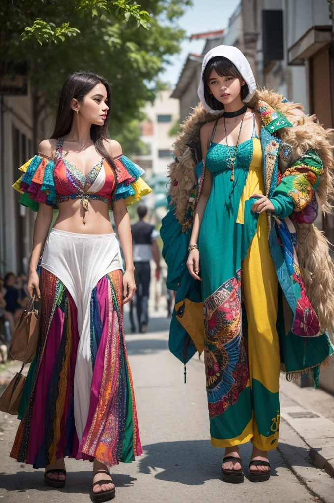 create an image of 6 clothes made with recyclable material, each outfit being inspired by a Brazilian biome