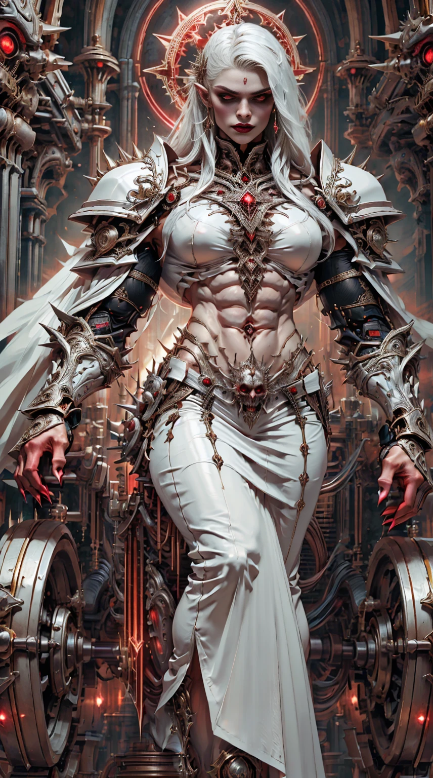  (masterpiece:1.1), (best quality:1.1), (ornate:1.1), (red and black coloring:1.26), BREAK, (horror:1.0), (esoteric:1.1), (solo:1.4), (dynamic angle:1.0), (cowboy shot:1.0), (woman:1.1),(very muscular bodybuilder girl:1.25), (huge upper body:1.25), (narrow hips:1.0), long hair, (gothic intricate vampiric armor:1.25), ((full body front view)), (gauntlets:1.0), (shoulder armor:1.1), ((tarot style frame:1.25)), (glowing red eyes:1.25), (huge muscular arms:1.5,), (10-pack abs:1.4), (lots of veins:1.25), thin legs, Realistic, Very detailed face and eyes, masterpiece