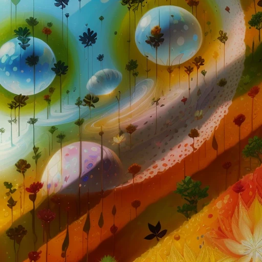 there are three balls of water sitting on a colorful surface, psychedelic flowers and trees, surreal waiizi flowers, digital mixed media painting, dots abstract, psychedelic floral planets, in style of digital painting, blurred and dreamy illustration, abstract nature, abstract digital art, flowers and trees, an abstract tropical landscape, psychedelic vegetation, flower, the nonlinear. digital painting
