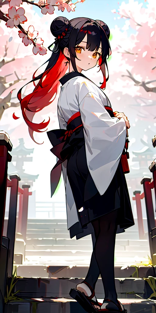 ((Masterpiece, best quality)),2 girls, black kimono, black tights, black ribbon, black hair, cherry blossoms, day, flower, bun, hair ribbon, Japanese clothing, kimono, long hair, looking at viewer, looking back, several girls, obi, outdoors, red eyes, red hair, ribbon, sandals, single bun, stairs, standing, statue, Torii, tree, white kimono, yellow eyes