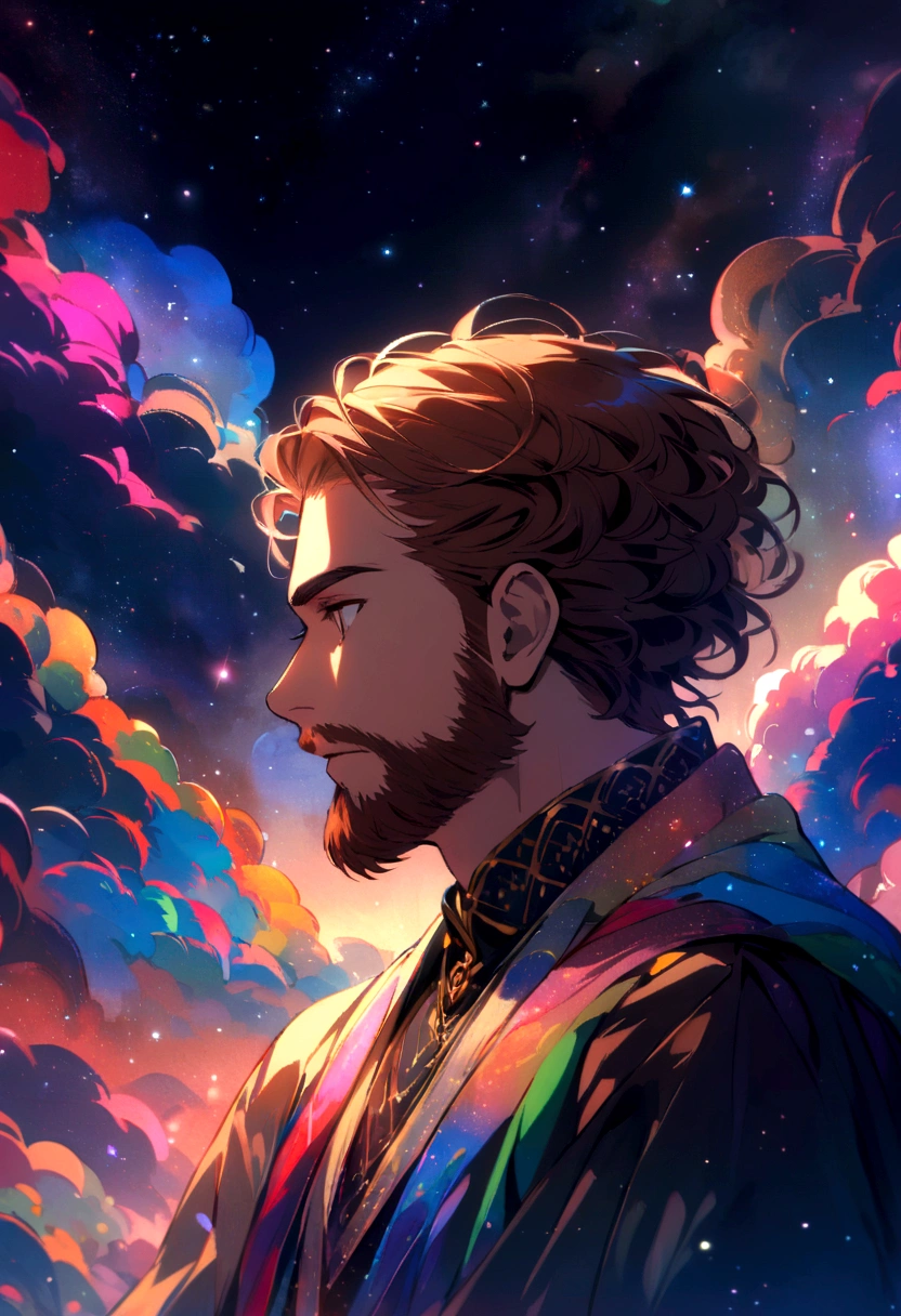 young man with medium brown beard and long brown hair looking at the night sky with bright stars and galaxies of many colors
