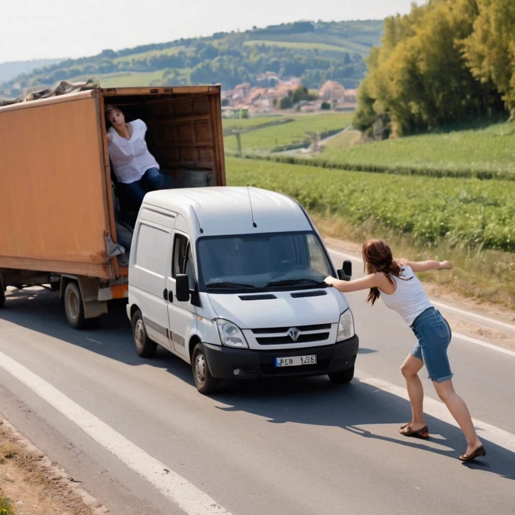 A woman driving her car in the countryside of her city and is hit by a truck