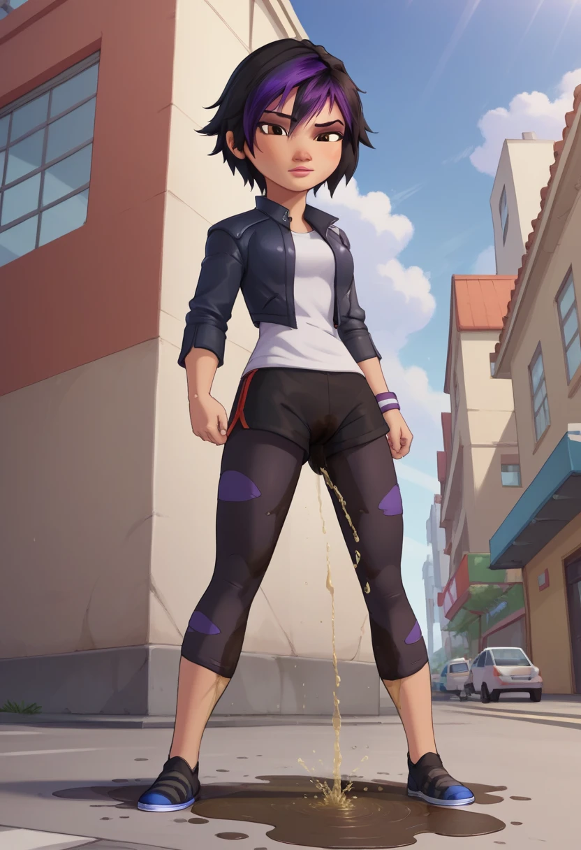 score_9, score_8_up, score_7_up, BREAK,gogotomago, 1girl, solo, short hair, black hair, jewelry, jacket, lo purple hair, shorts, bracelet, makeup, casual, cropped jacket, leggings, sleeves pushed up, skinny jeans, brown eyes, looking at the viewer, medium breasts,outdoors,city, full body, ((wetting self, pee stains, puddle)), cameltoe, seen from below, dynamic angle