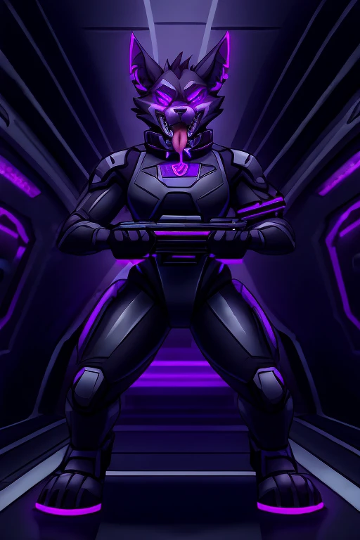 Vortex hellhound standing, tongue out, using a gray latex suit, and a black techno collar, hypnotized with glowing purple eyes without iris or pupils, tongue out, big , using a Pulse Rifle, Energy Rifle, Futuristic assault rifle, fight action pose, angry growling, full body image, in a laboratory hallway background