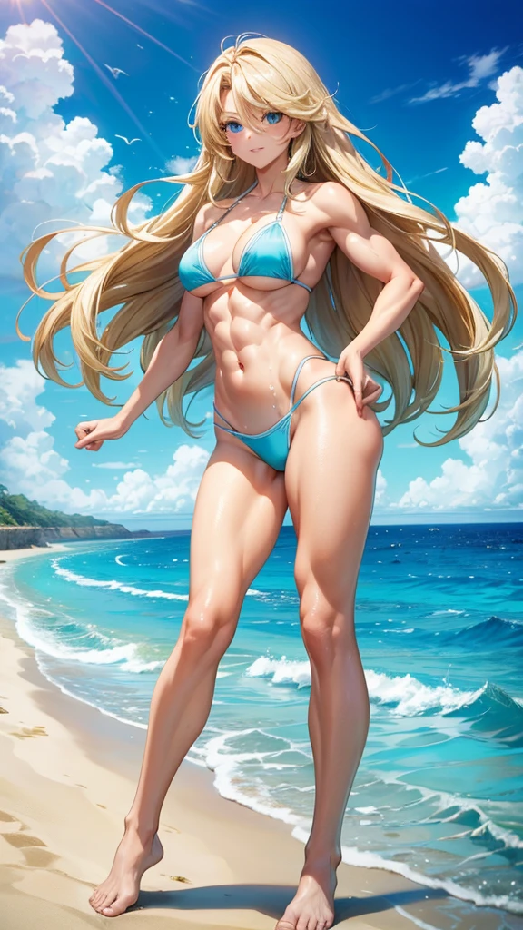 Muscular beauty with long blonde hair,Abdominal muscles,white blue bikini,thigh,barefoot,Standing,Ocean,Ocean灘