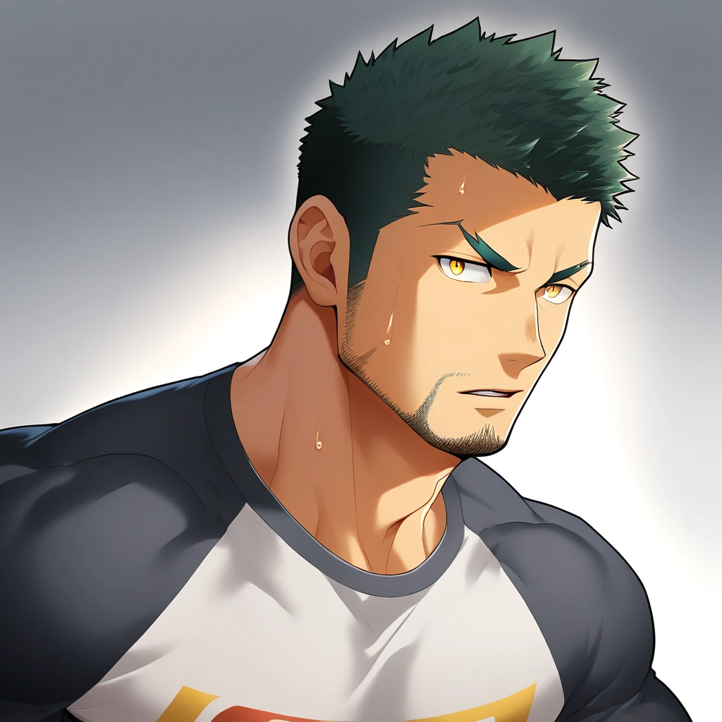 anime characters:Gyee, Priapus, Deep black skin, Muscle Sports Student, 1 muscular tough guy, Manliness, male focus, Close-up of the side, Light yellow high collar long sleeve tight T-shirt, Very tight, The clothes were soaked with sweat, The pectoral muscles are oversized, Slightly transparent, muscular male, muscular, only, Upper body, alone, Black short hair, Thick eyebrows, stubble, Yellow eyes, Grey background, simple background, amazing quality, best aesthetics, Ridiculous, bright pupils, crew cut, parted lips, v-shaped eyebrows, jitome, disdain, drop shadow, best quality