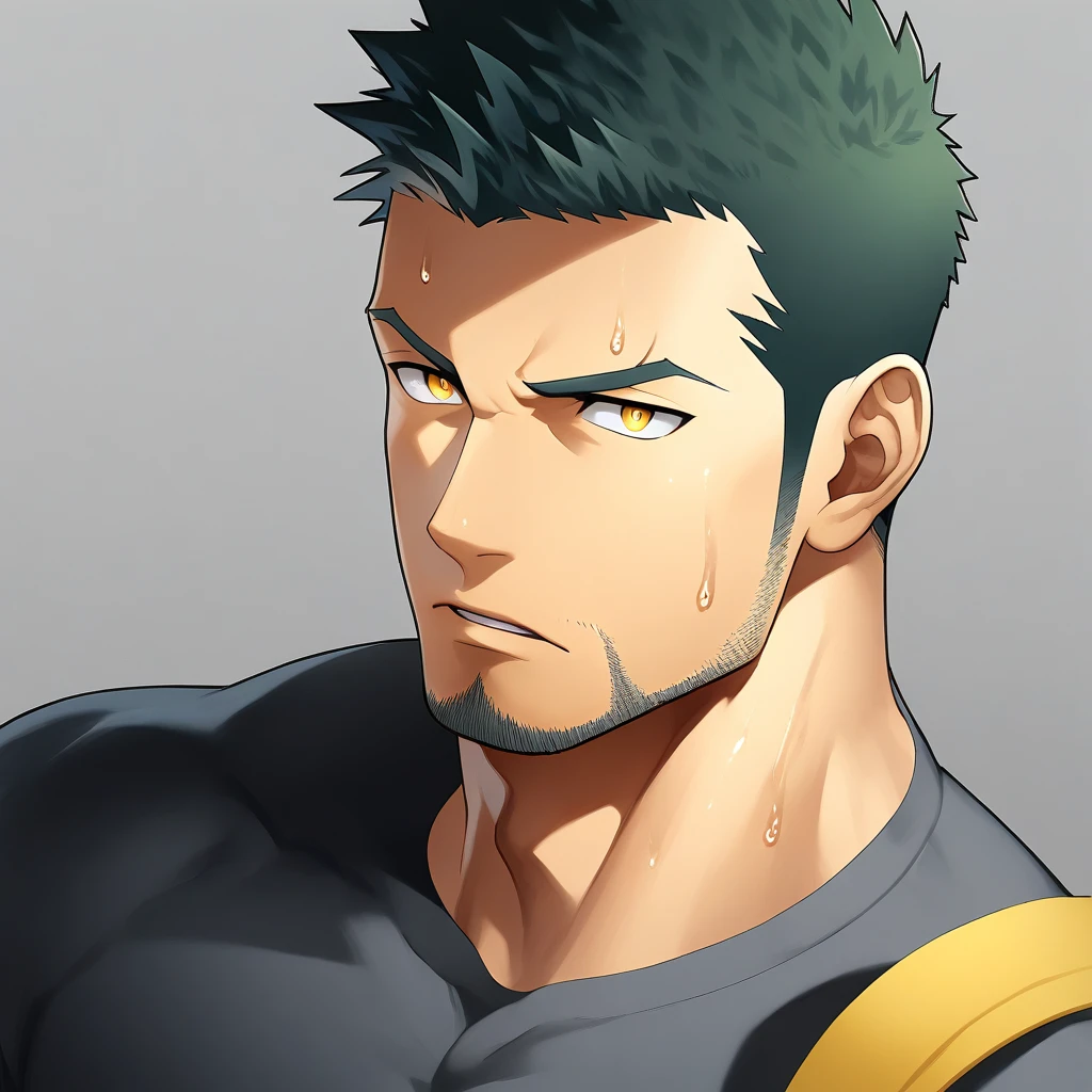 anime characters：Gyee, Priapus, Deep black skin, Muscle Sports Student, 1 muscular tough guy, Manliness, male focus, Close-up of the side, Light yellow high collar long sleeve tight T-shirt, Very tight, The clothes were soaked with sweat, The pectoral muscles are oversized, Slightly transparent, muscular male, muscular, only, Upper body, alone, Black short hair, Thick eyebrows, stubble, Yellow eyes, Grey background, simple background, amazing quality, best aesthetics, Ridiculous, bright pupils, crew cut, parted lips, v-shaped eyebrows, jitome, disdain, drop shadow, best quality