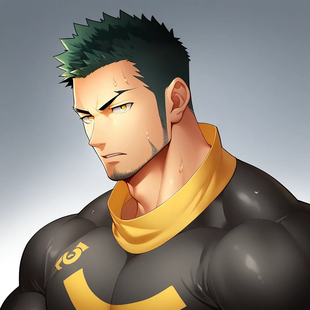 anime characters:Gyee, Priapus, Deep black skin, Muscle Sports Student, 1 muscular tough guy, Manliness, male focus, Close-up of the side, Light yellow high collar long sleeve tight T-shirt, Very tight, The clothes were soaked with sweat, The pectoral muscles are oversized, Slightly transparent, muscular male, muscular, only, Upper body, alone, Black short hair, Thick eyebrows, stubble, Yellow eyes, Grey background, simple background, amazing quality, best aesthetics, Ridiculous, bright pupils, crew cut, parted lips, v-shaped eyebrows, jitome, disdain, drop shadow, best quality