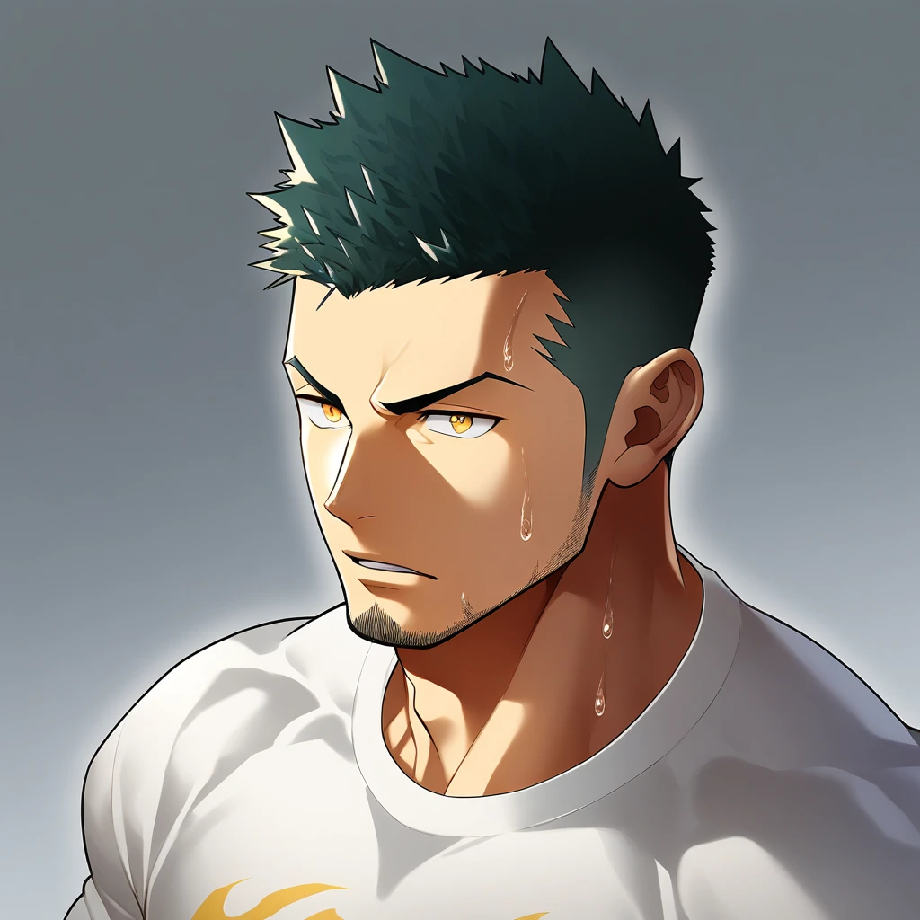 anime characters:Gyee, Priapus, Deep black skin, Muscle Sports Student, 1 muscular tough guy, Manliness, male focus, Close-up of the side, Light yellow high collar long sleeve tight T-shirt, Very tight, The clothes were soaked with sweat, The pectoral muscles are oversized, Slightly transparent, muscular male, muscular, only, Upper body, alone, Black short hair, Thick eyebrows, stubble, Yellow eyes, Grey background, simple background, amazing quality, best aesthetics, Ridiculous, bright pupils, crew cut, parted lips, v-shaped eyebrows, jitome, disdain, drop shadow, best quality