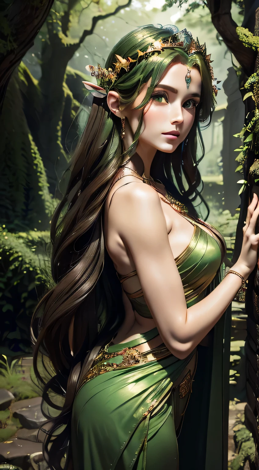 "Sofia is in the heart of the Amazon rainforest, surrounded by imposing trees and lush vegetation. Its evolved form is a spectacle of power and beauty. Her hair is long and flows like a current of green energy, shining with an ethereal light. Its skin displays intricate patterns that resemble roots and leaves., with a greenish color and touches of earthy brown. Seus olhos brilham intensamente, like two emeralds illuminated by an inner light. Around Sofia, nature seems to vibrate in harmony with your presence. Vines and plants gently wrap around your arms and legs, as if they were an extension of your own body. Little flowers bloom where she steps, and an aura of green and gold energy emanates from his figure, pulsating with life. Magical effects involve Sofia, with particles of light floating around you and vegetation responding to your every movement. The trees appear to lean slightly towards you, and the forest animals approach respectfully, recognizing your power. she reaches out, and a cascade of golden and green leaves gently falls around you, highlighting its deep and mystical connection with nature."