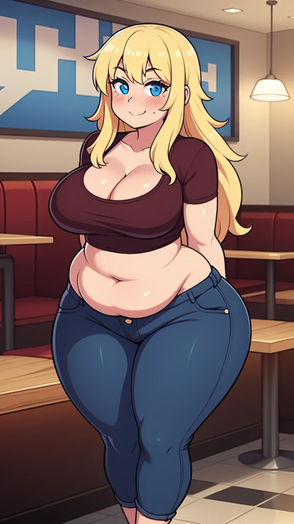 ((highres)), Masterpiece, high quality, best quality, beautiful, perfect lighting, detailed face, ultra cute face, looking at viewer, on a date, ((blush)), affectionate smile, ((1girl)), ((solo)), long blonde hair, fluffy hair, blue eyes, jeans, crop top, tight clothes, fast food restaurant, large breasts, cleavage, wide hips, ((thick thighs)), ((chubby)), chubby belly, standing, arms behind back, leaned over, cute pose,