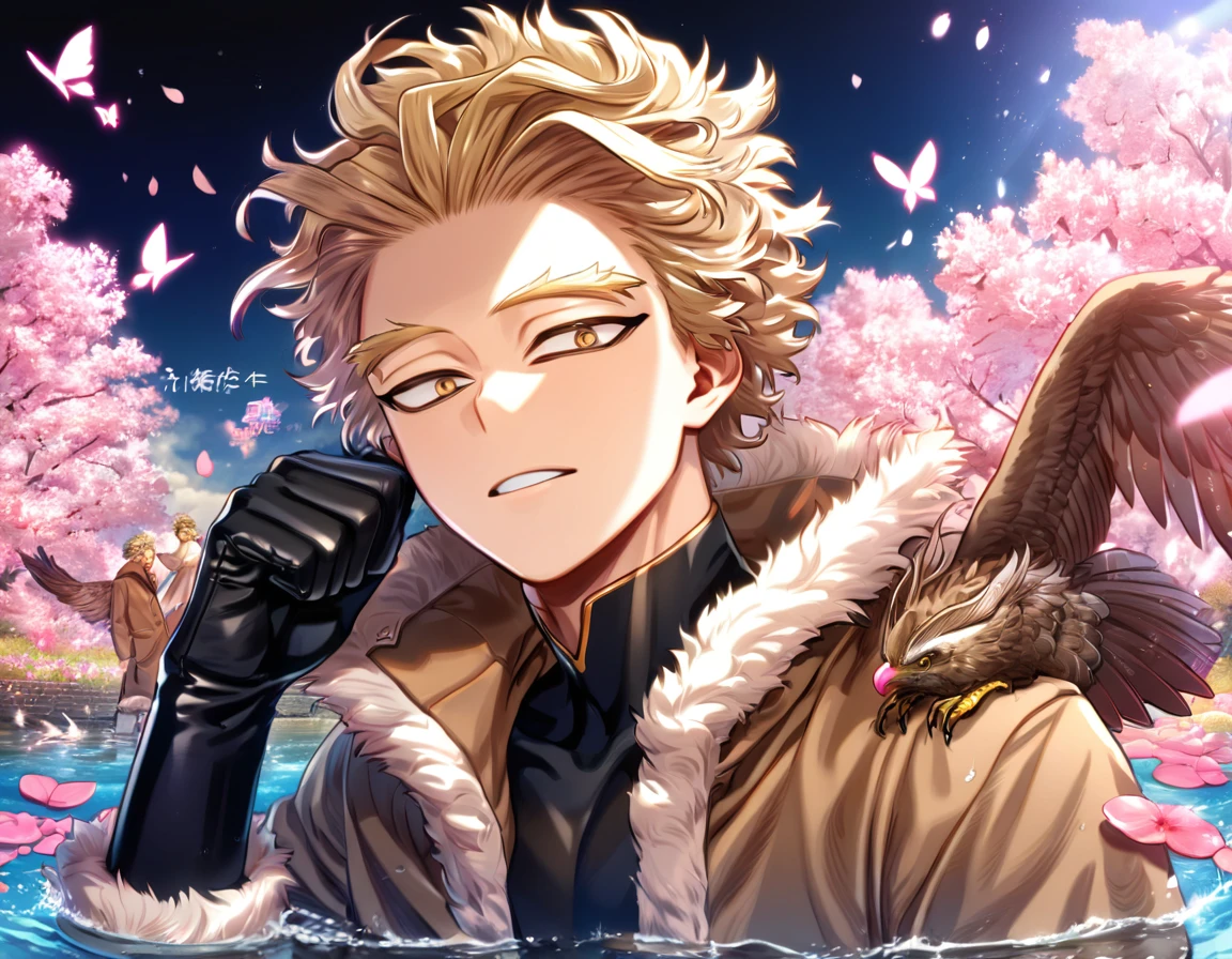 absurdres, highres, ultra detailed, HDR, master piece, best quality, Hawks, ash blond hair, expressive brown eyes, boku no hero academia, brown coat with fur, black tight shirt, black gloves, solo, sexy man, handsome, fantasy, shining, water, pink flowers, pink blossoms, pink butterflies, pink petals