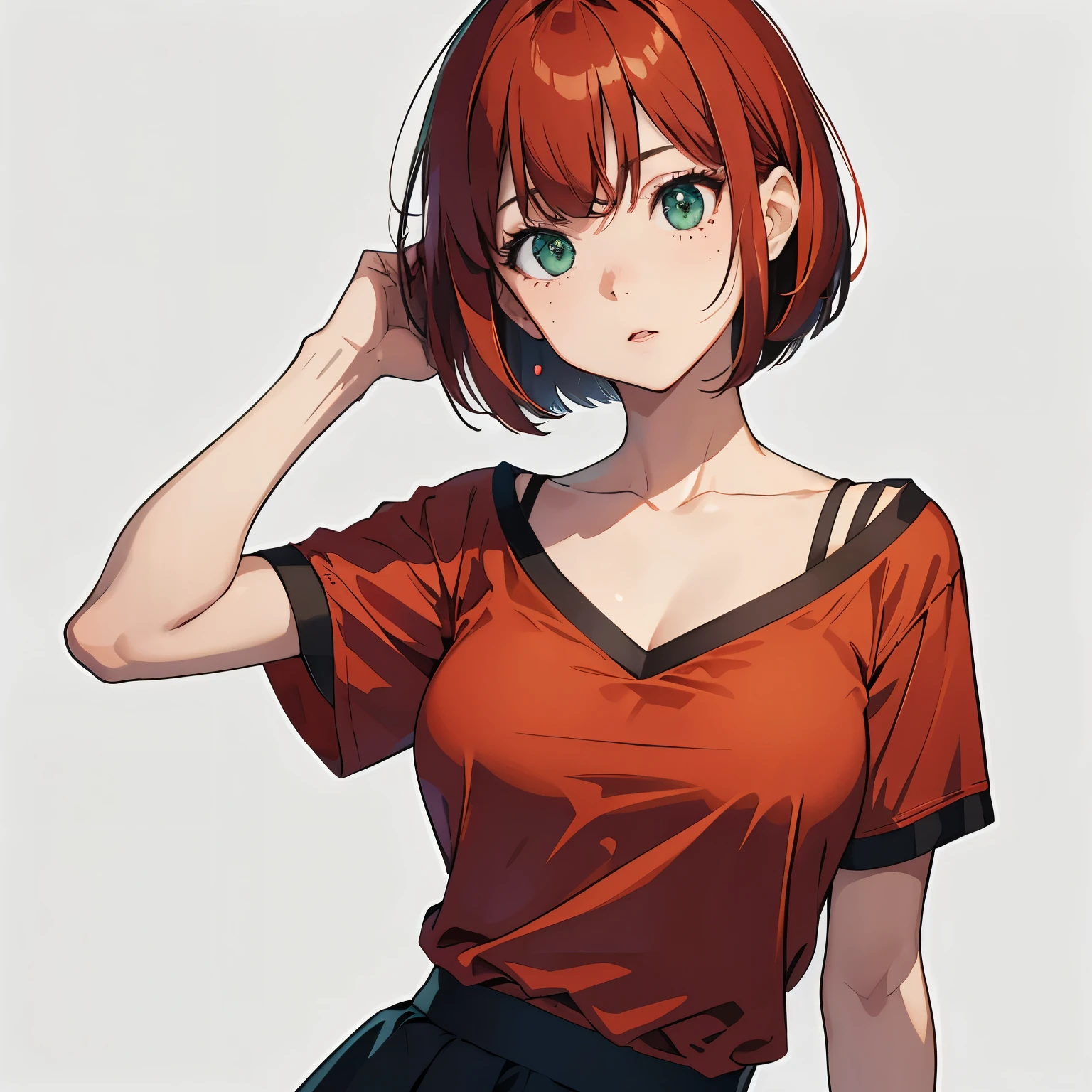 (masterpiece), best quality, emotionless eyes, perfect face, 1girl, solo, bob cut, red hair BREAK short hair, green eyes BREAK :o, freckles, breasts, red shirt BREAK orange skirt BREAK , standing, white background, simple background