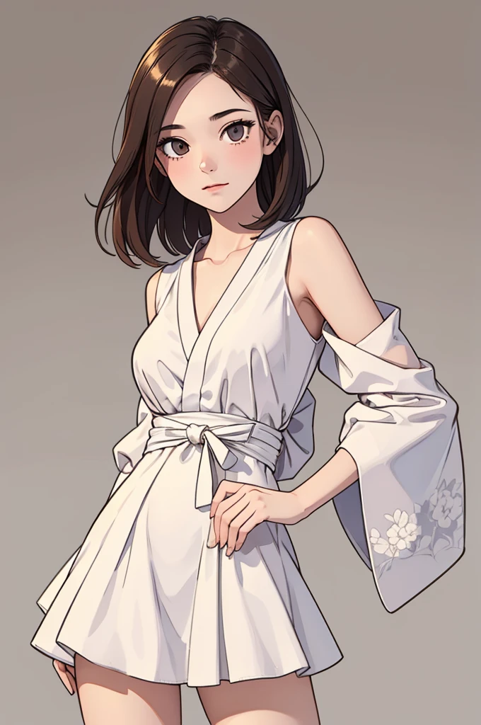 (((masterpiece, best quality, ultra highres, 1 girl, solo, no background))), super detailed skin and face and eyes and finger, beautiful japanese woman, small breasts:1.5, skinny, light brown hair, white background, very short hair, (an illustration of girl), Knee shot, Generate with illustrations, Various expressions, Various poses, Various Costumes, Please draw the entire character within the frame, ensuring that the head, arms, and legs are not cut off. The background should be simple, with the character positioned centrally,